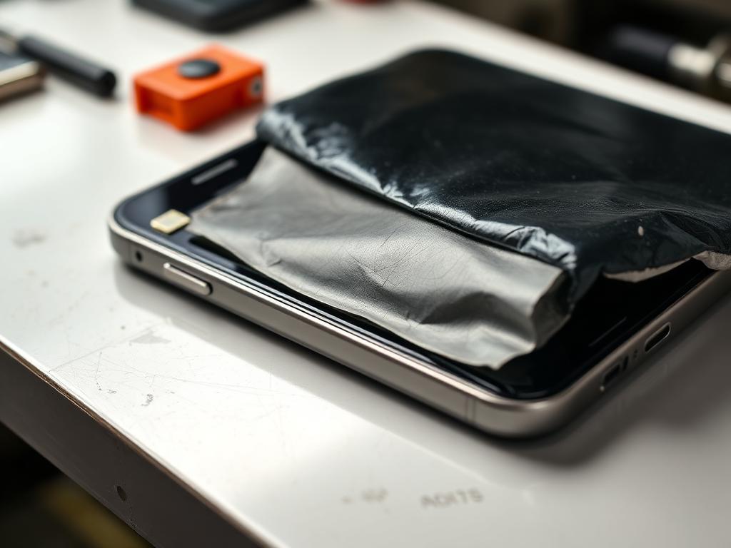 Smartphone with a swollen battery lifting the screen away from the frame before repair