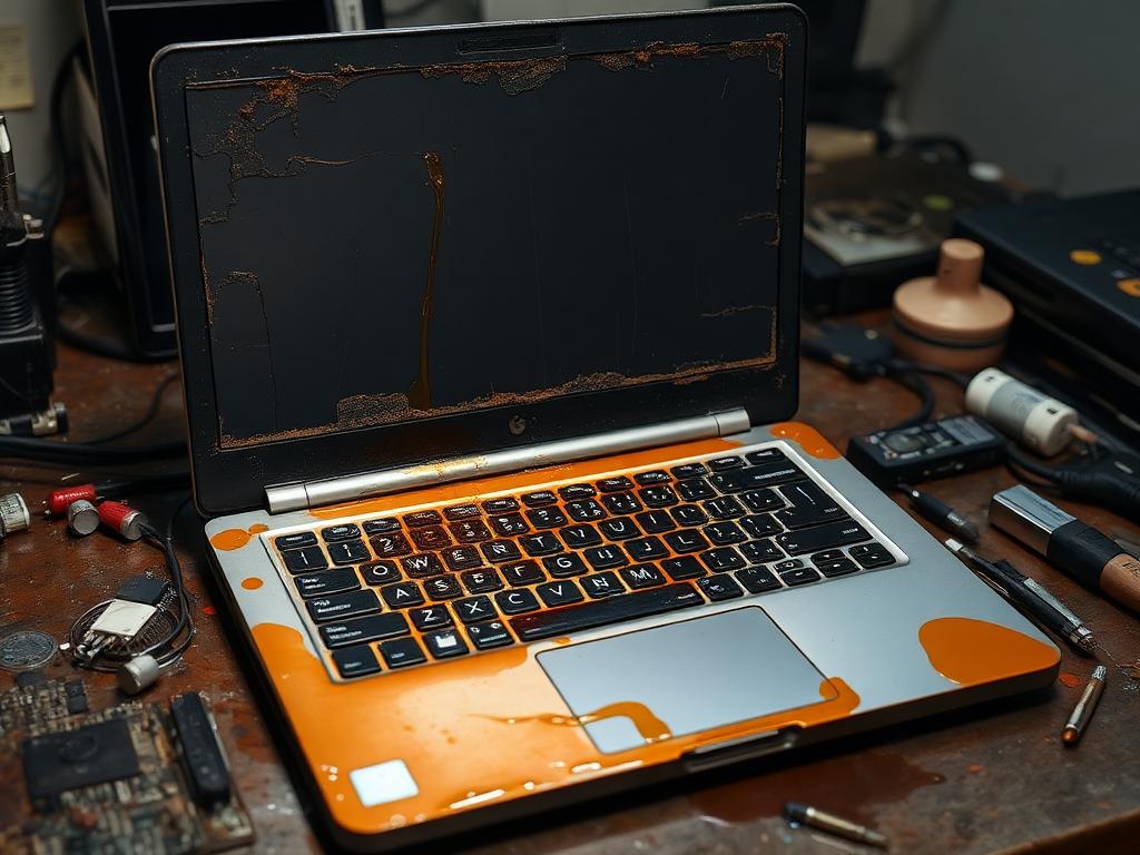 Laptop with liquid spill damage and a corroded keyboard before repair