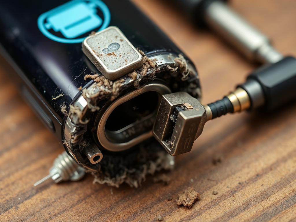 Close-up of a phone charging port clogged with lint and corrosion before repair