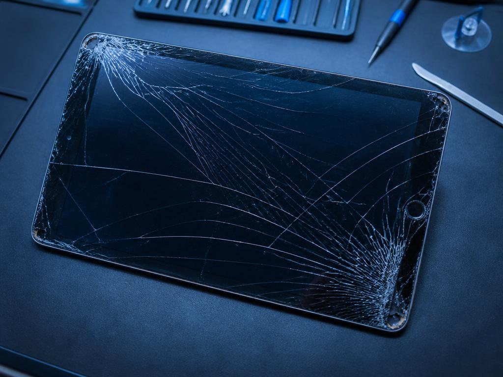Tablet with cracked glass and corner damage before repair